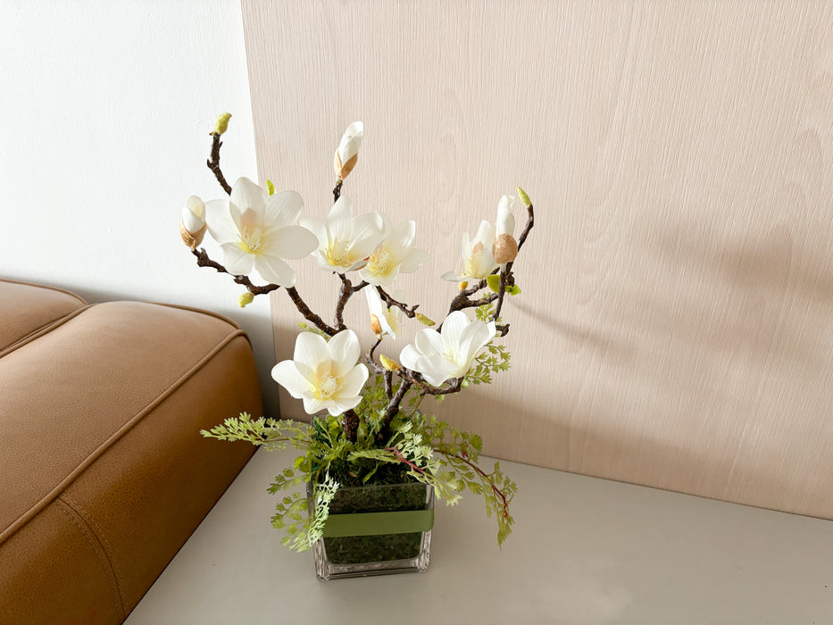 [Mother's Day] Faux Magnolias in a Low, Square Glass Vase