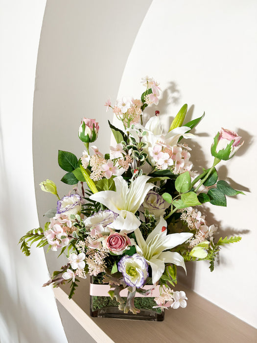 [Mother's Day] Faux White Lilies and Mauve Roses in Low Square Glass Vase