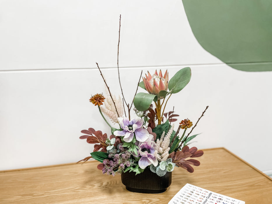 [Mother's Day] Faux Purple Anemone and King Protea In Black Ceramic Vase