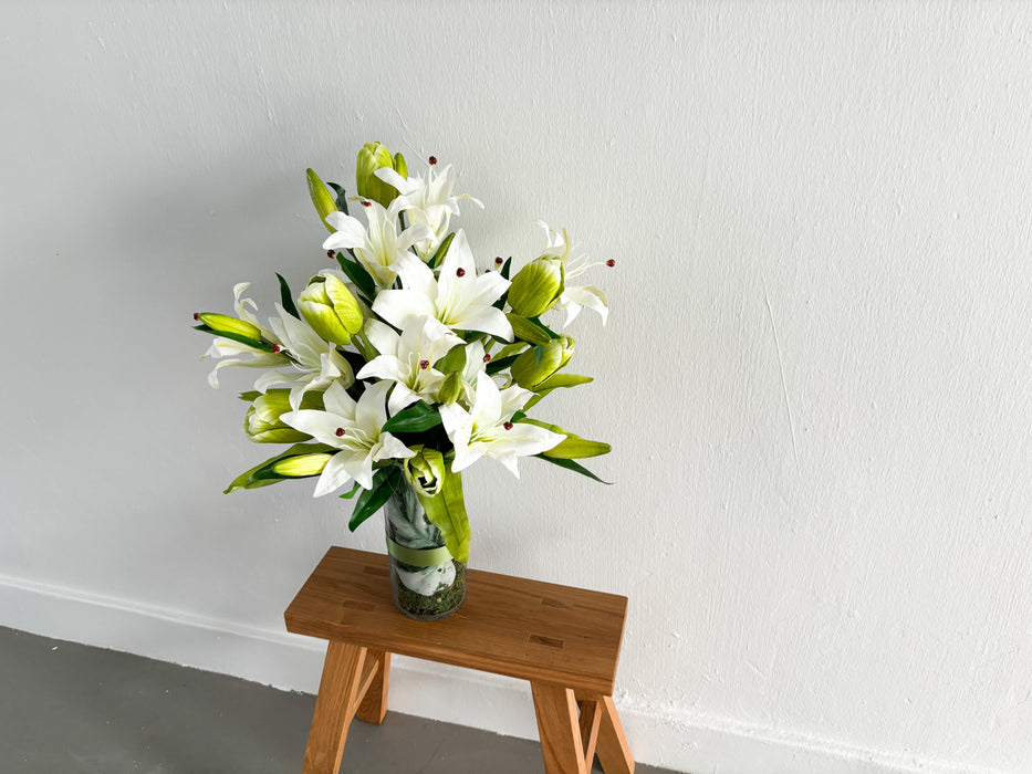 Faux White Lilies and Green Tulips In Cylindrical Glass Vase