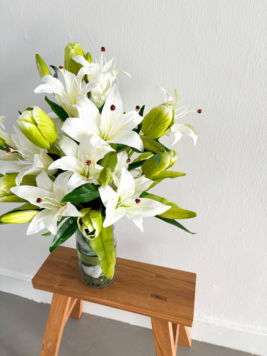 Faux White Lilies and Green Tulips In Cylindrical Glass Vase