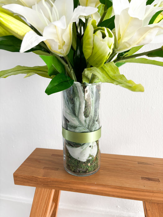 Faux White Lilies and Green Tulips In Cylindrical Glass Vase