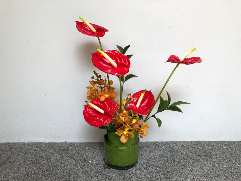 Red Anthuriums, Orange Orchids & Ruscus Cocktail Arrangement